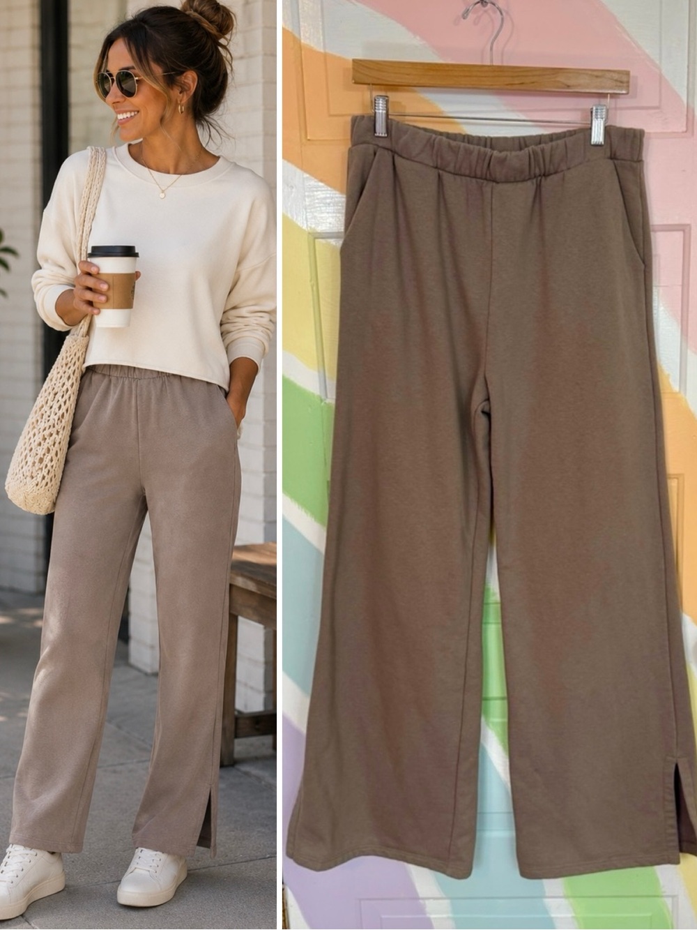Beyond Yoga Open Ended Mid Rise Wide Leg Fleece Side Slit Sweatpants Sz L 🧡🍄